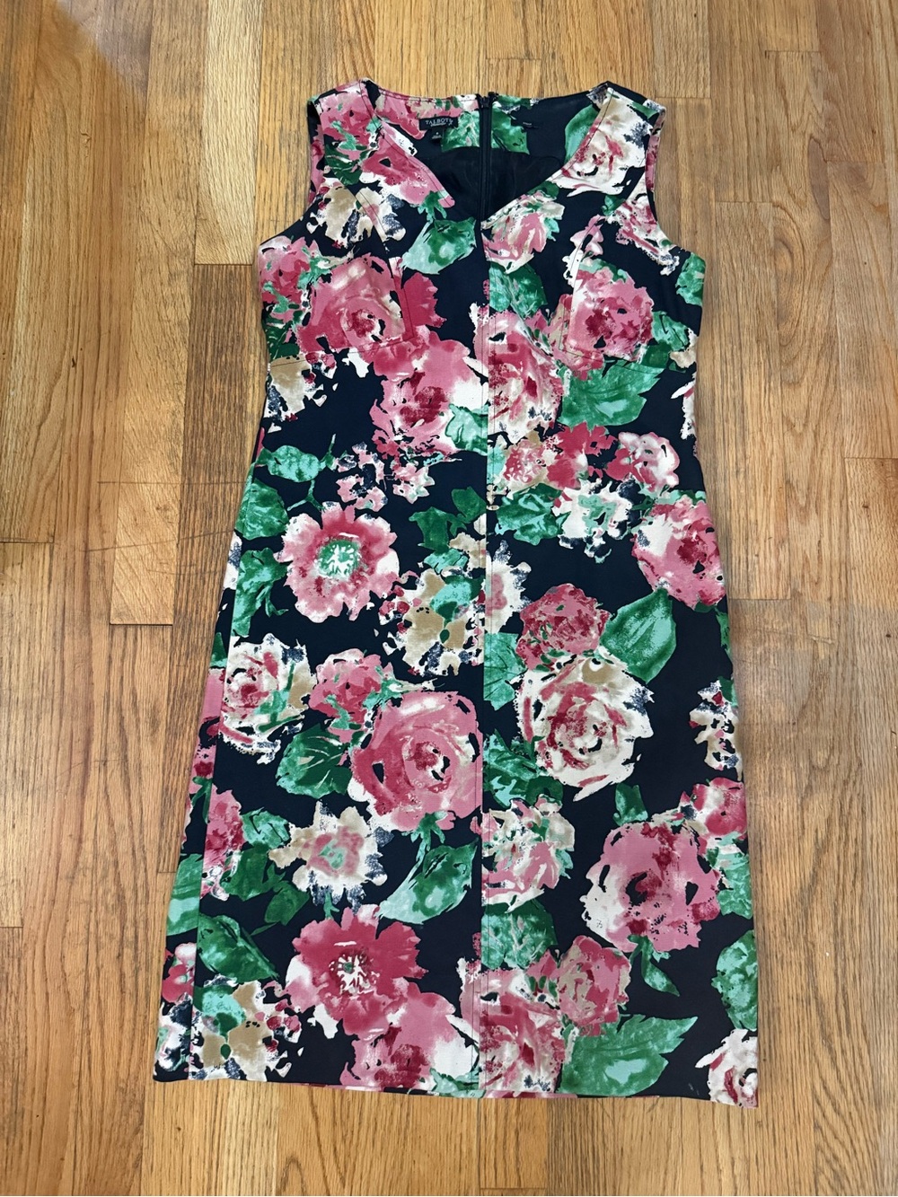 Talbots Navy Midi Sheath Dress with Pink Floral Print Summer Preppy Classic